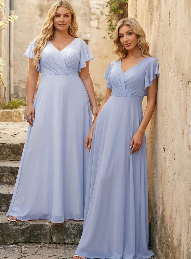 V Neck Ruffles Chiffon Pleated Bridesmaid Dresses