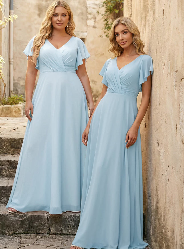 V Neck Ruffles Chiffon Pleated Bridesmaid Dresses