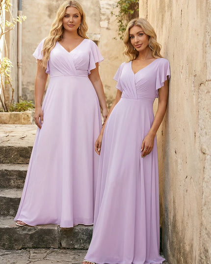 V Neck Ruffles Chiffon Pleated Bridesmaid Dresses
