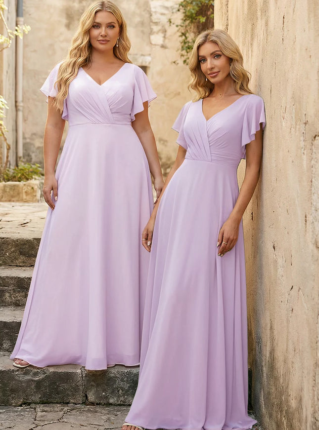 V Neck Ruffles Chiffon Pleated Bridesmaid Dresses