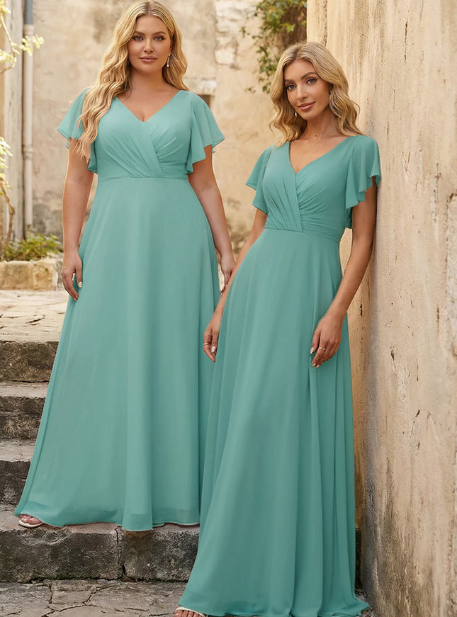 V Neck Ruffles Chiffon Pleated Bridesmaid Dresses