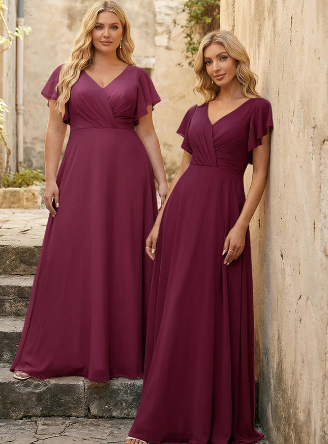 V Neck Ruffles Chiffon Pleated Bridesmaid Dresses