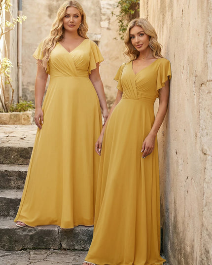V Neck Ruffles Chiffon Pleated Bridesmaid Dresses