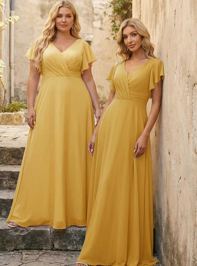 V Neck Ruffles Chiffon Pleated Bridesmaid Dresses