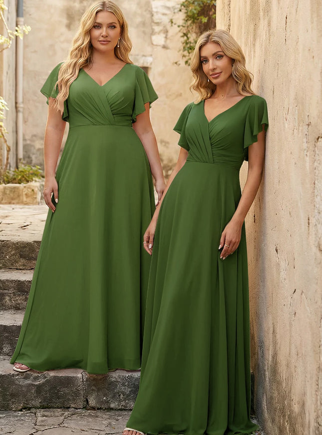 V Neck Ruffles Chiffon Pleated Bridesmaid Dresses