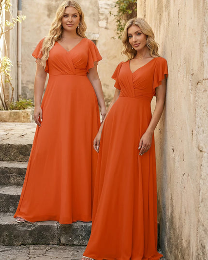 V Neck Ruffles Chiffon Pleated Bridesmaid Dresses