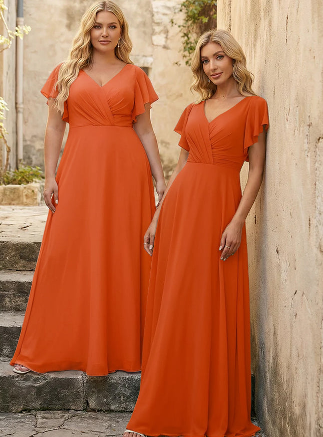 V Neck Ruffles Chiffon Pleated Bridesmaid Dresses