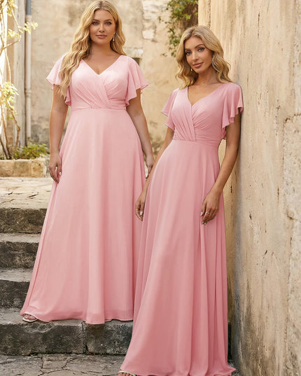 V Neck Ruffles Chiffon Pleated Bridesmaid Dresses