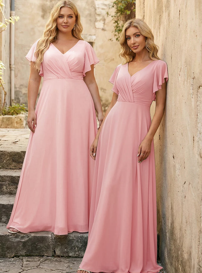 V Neck Ruffles Chiffon Pleated Bridesmaid Dresses