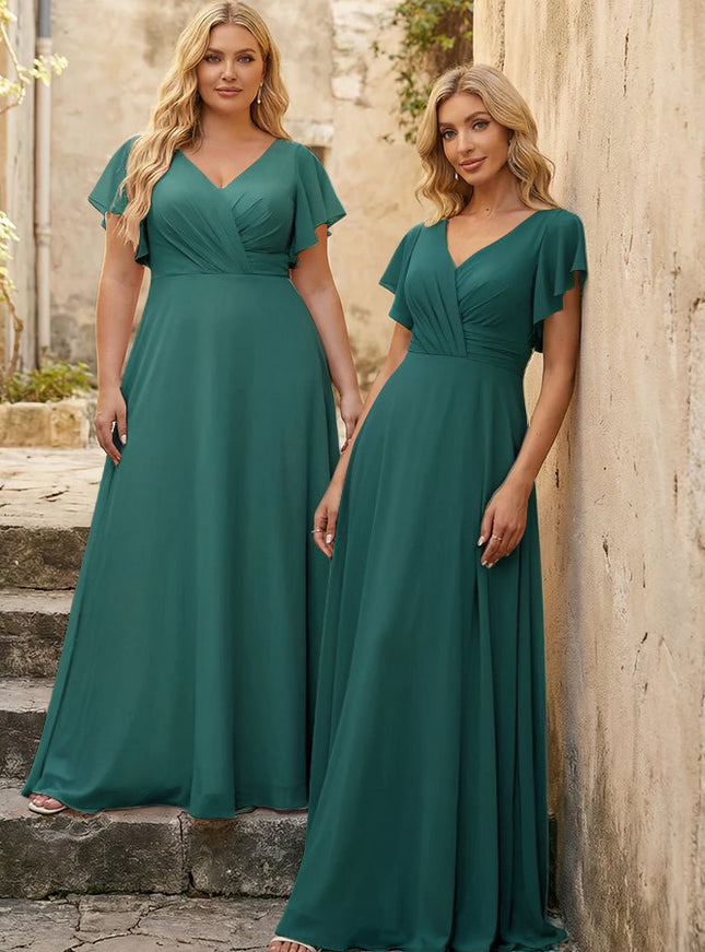 V Neck Ruffles Chiffon Pleated Bridesmaid Dresses