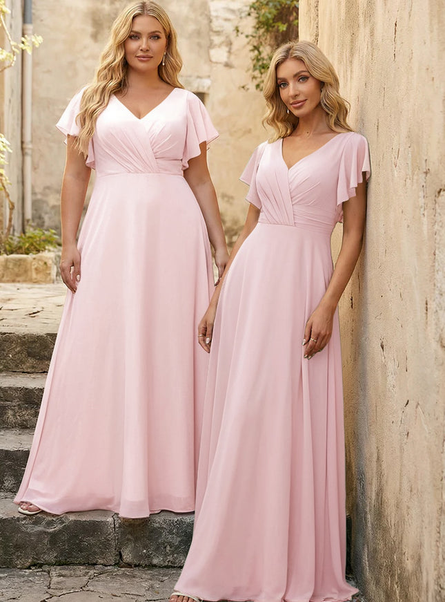 V Neck Ruffles Chiffon Pleated Bridesmaid Dresses
