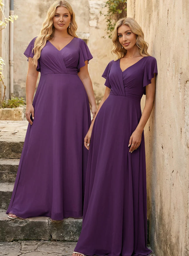 V Neck Ruffles Chiffon Pleated Bridesmaid Dresses