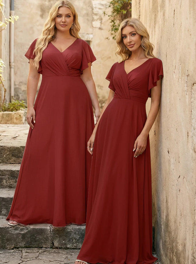 V Neck Ruffles Chiffon Pleated Bridesmaid Dresses