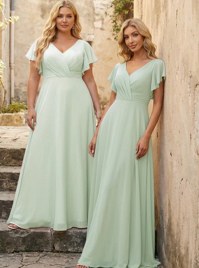 V Neck Ruffles Chiffon Pleated Bridesmaid Dresses