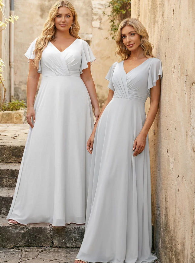 V Neck Ruffles Chiffon Pleated Bridesmaid Dresses