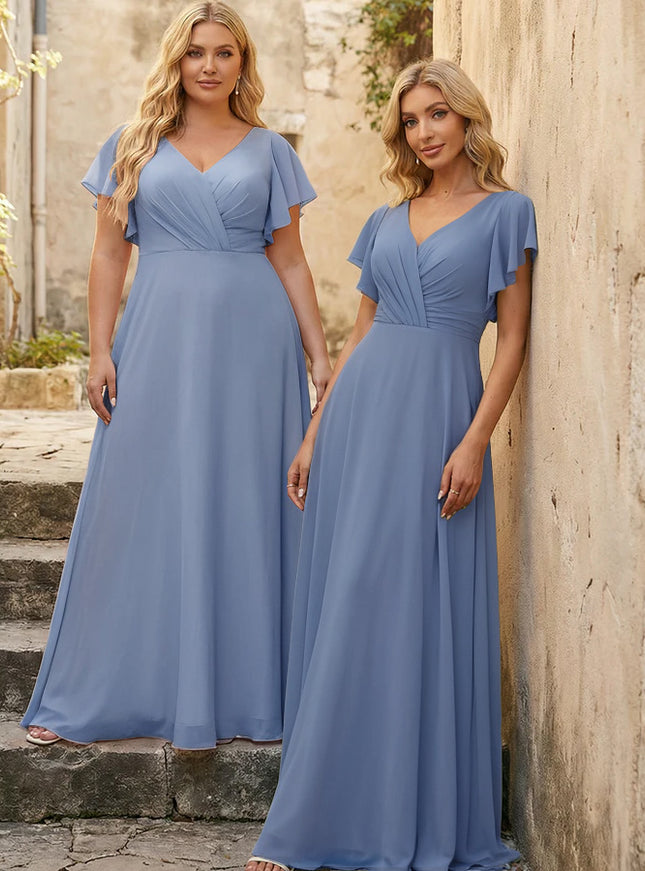 V Neck Ruffles Chiffon Pleated Bridesmaid Dresses