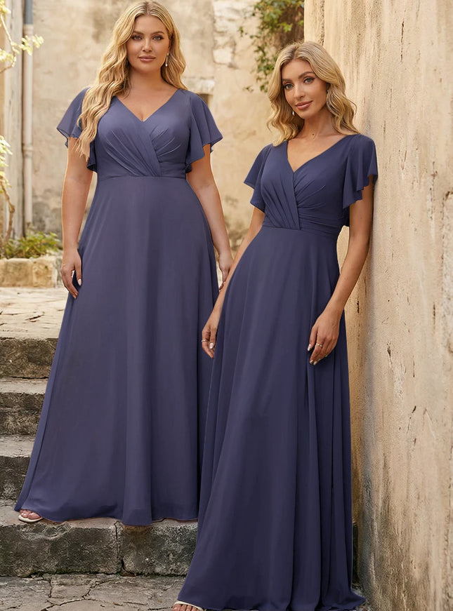 V Neck Ruffles Chiffon Pleated Bridesmaid Dresses