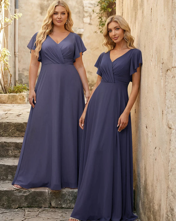 V Neck Ruffles Chiffon Pleated Bridesmaid Dresses
