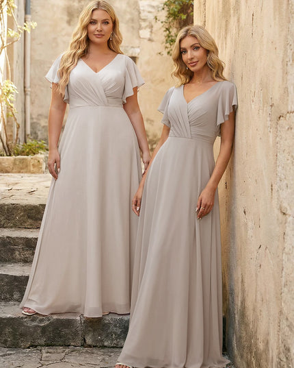 V Neck Ruffles Chiffon Pleated Bridesmaid Dresses