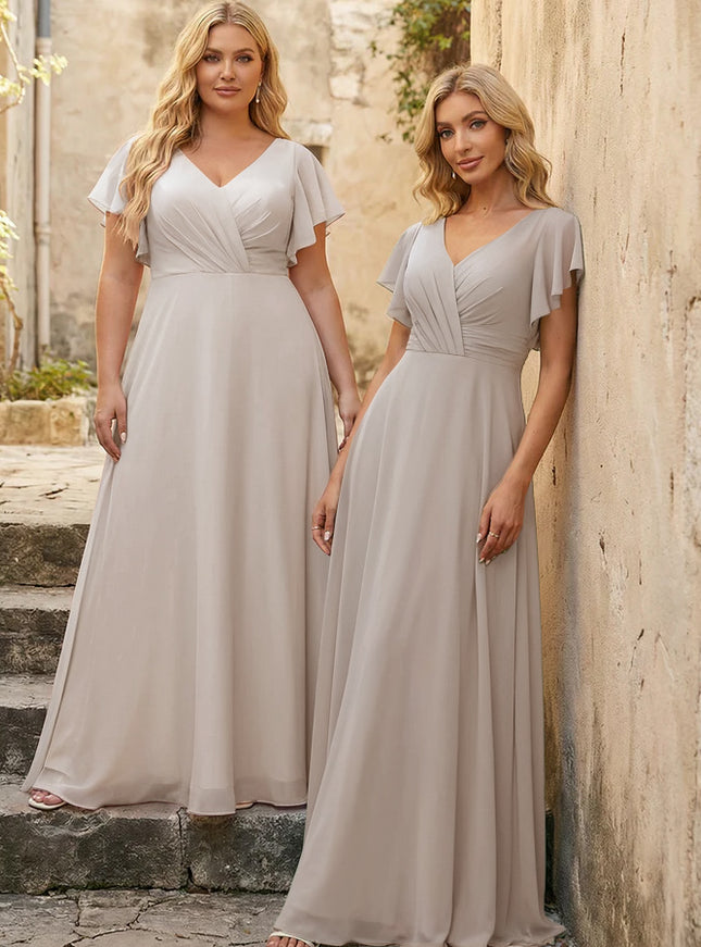 V Neck Ruffles Chiffon Pleated Bridesmaid Dresses