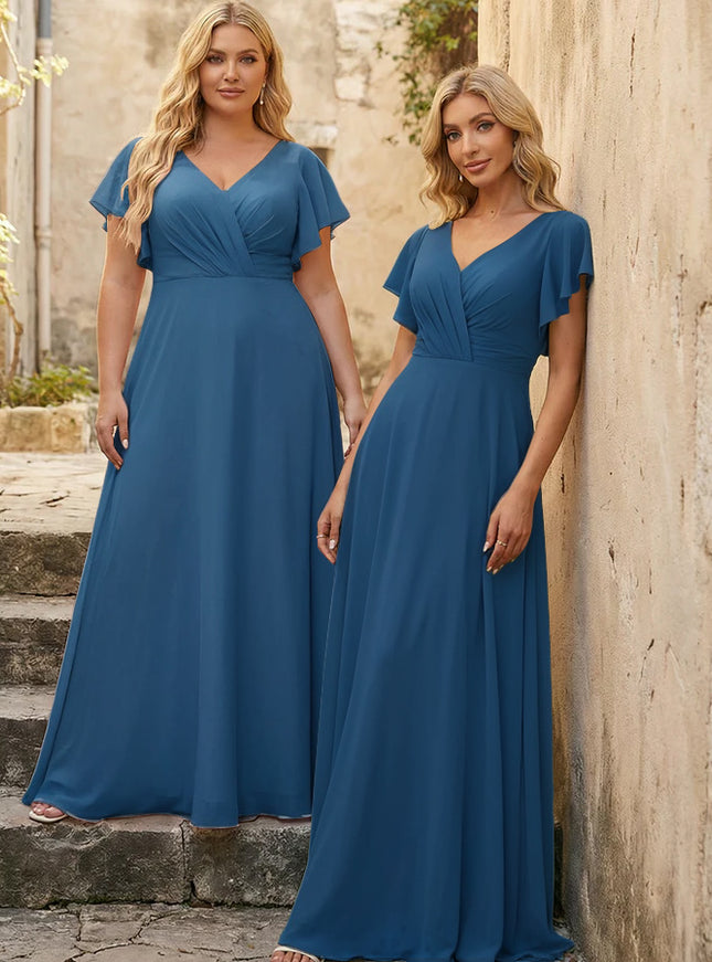 V Neck Ruffles Chiffon Pleated Bridesmaid Dresses