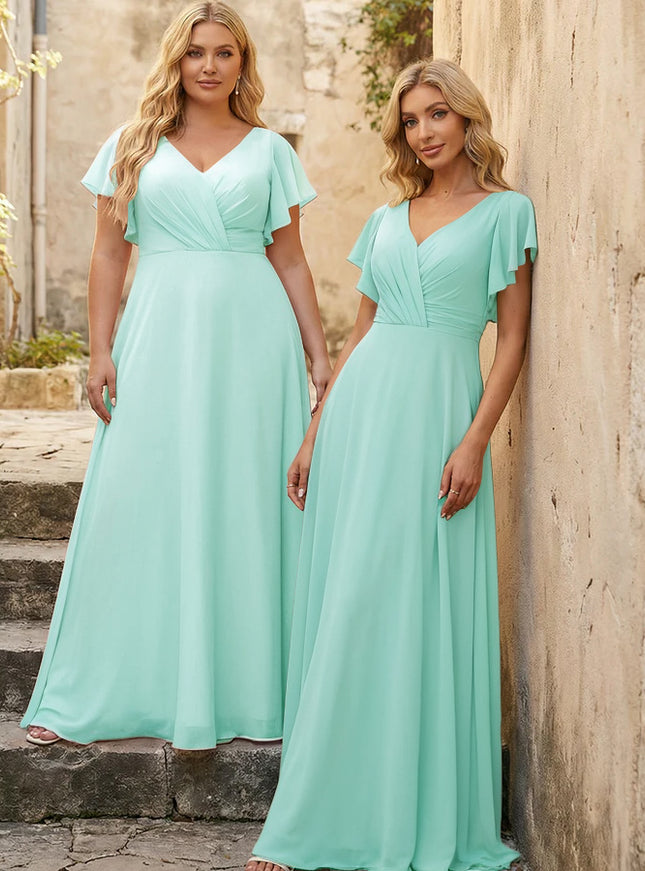 V Neck Ruffles Chiffon Pleated Bridesmaid Dresses