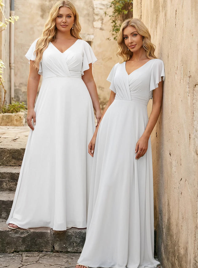 V Neck Ruffles Chiffon Pleated Bridesmaid Dresses