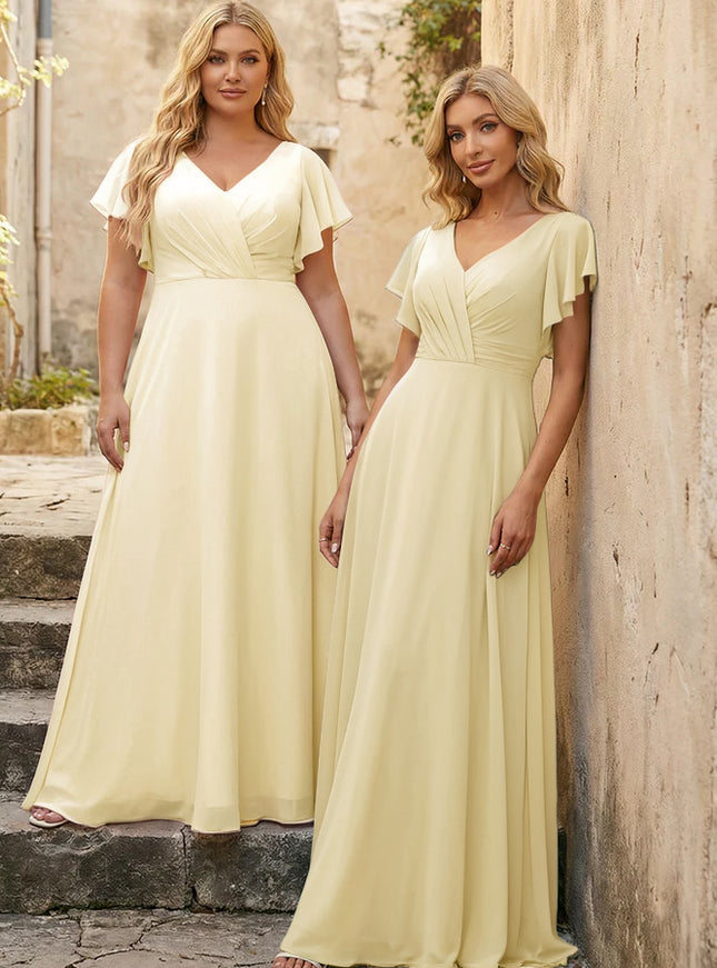 V Neck Ruffles Chiffon Pleated Bridesmaid Dresses