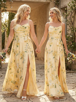 Cowl Neck Floral Side Slit Chiffon Pleated Bridesmaid Dresses
