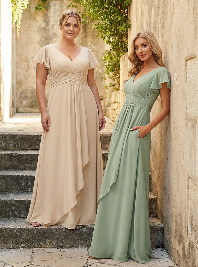 Chiffon V Neck Corset Pleated Bridesmaid Dresses