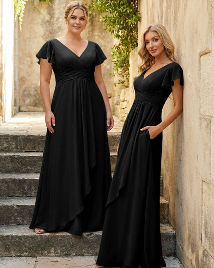 Chiffon V Neck Corset Pleated Bridesmaid Dresses
