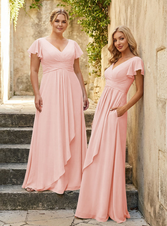 Chiffon V Neck Corset Pleated Bridesmaid Dresses