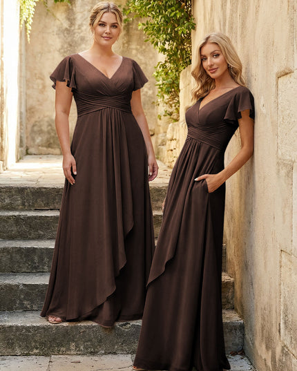 Chiffon V Neck Corset Pleated Bridesmaid Dresses