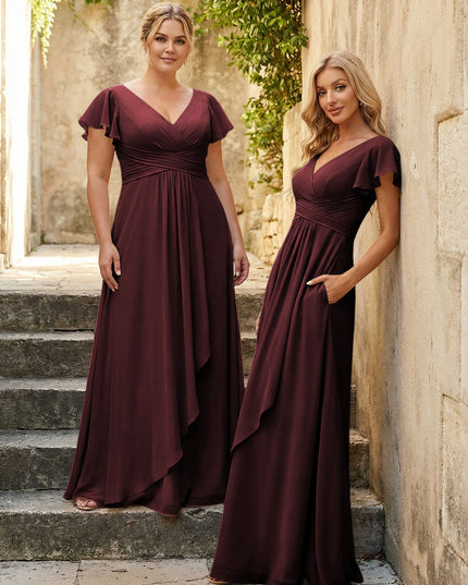 Chiffon V Neck Corset Pleated Bridesmaid Dresses