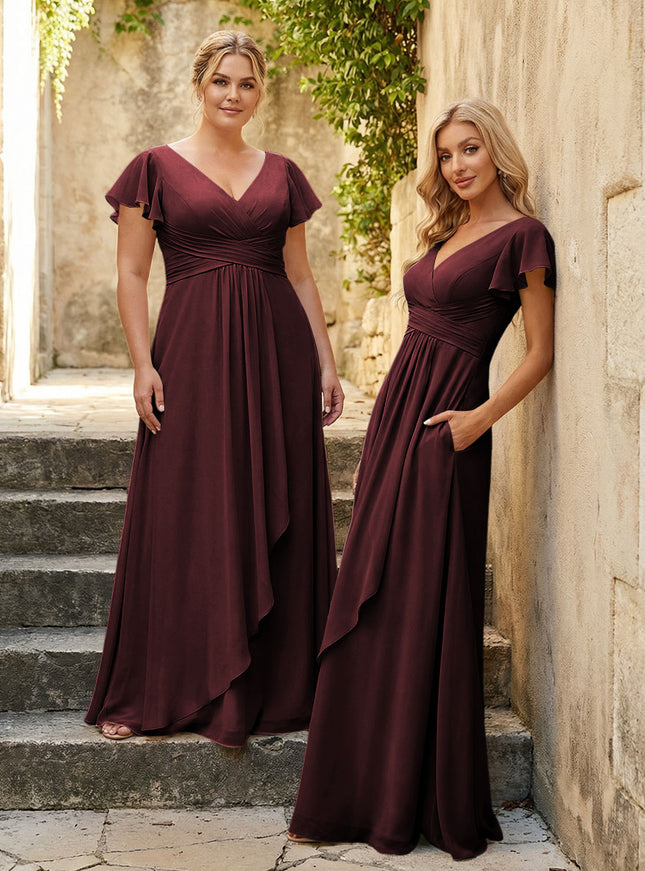 Chiffon V Neck Corset Pleated Bridesmaid Dresses