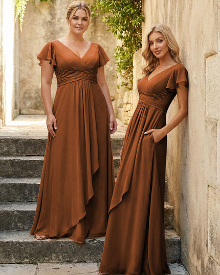 Chiffon V Neck Corset Pleated Bridesmaid Dresses