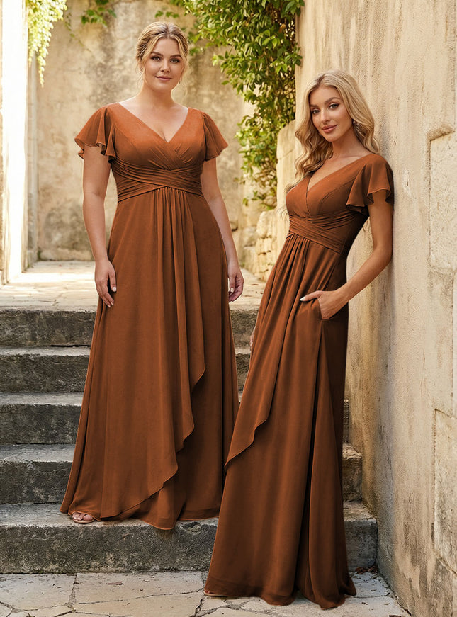 Chiffon V Neck Corset Pleated Bridesmaid Dresses