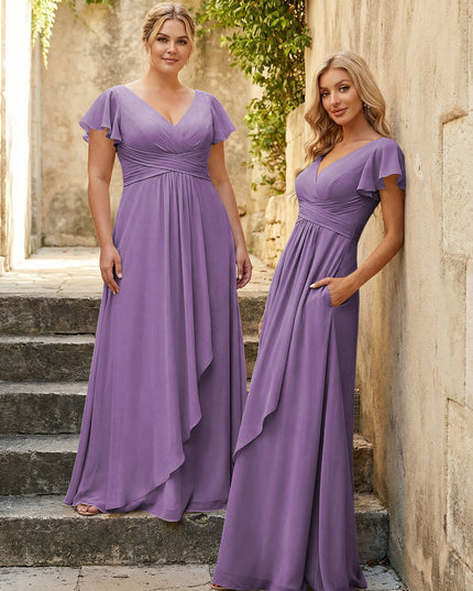 Chiffon V Neck Corset Pleated Bridesmaid Dresses