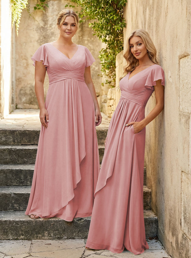 Chiffon V Neck Corset Pleated Bridesmaid Dresses