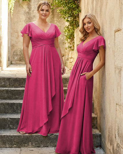 Chiffon V Neck Corset Pleated Bridesmaid Dresses