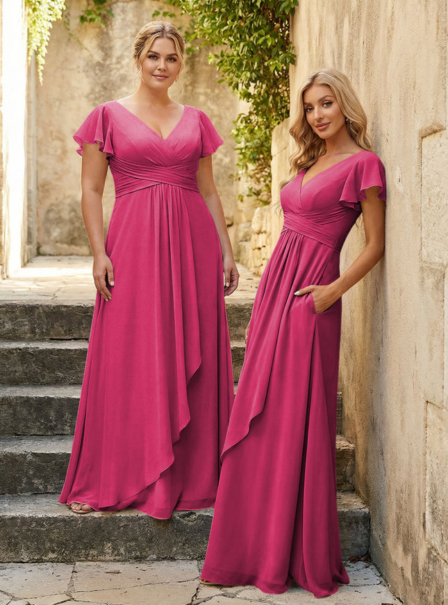 Chiffon V Neck Corset Pleated Bridesmaid Dresses