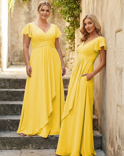 Chiffon V Neck Corset Pleated Bridesmaid Dresses