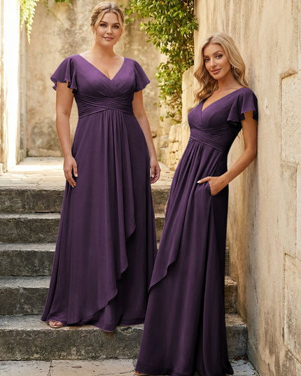 Chiffon V Neck Corset Pleated Bridesmaid Dresses