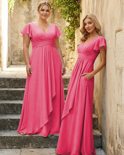Chiffon V Neck Corset Pleated Bridesmaid Dresses