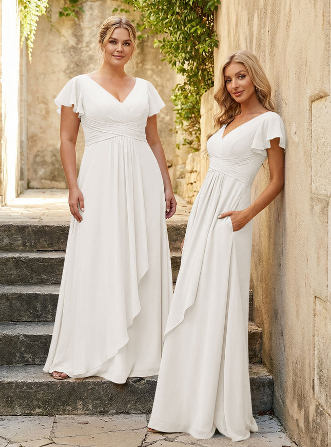 Chiffon V Neck Corset Pleated Bridesmaid Dresses