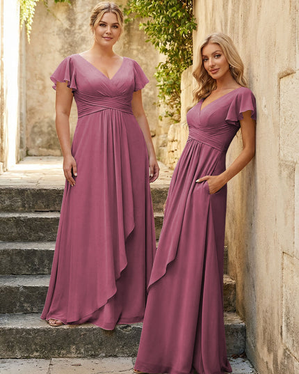 Chiffon V Neck Corset Pleated Bridesmaid Dresses