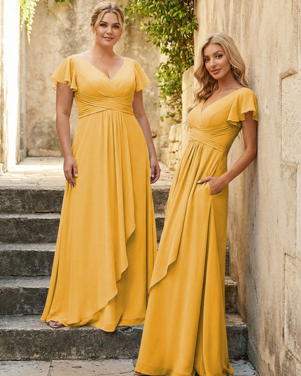Chiffon V Neck Corset Pleated Bridesmaid Dresses