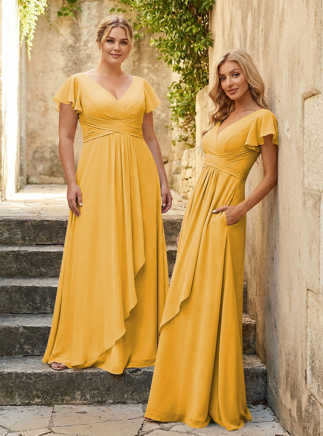 Chiffon V Neck Corset Pleated Bridesmaid Dresses