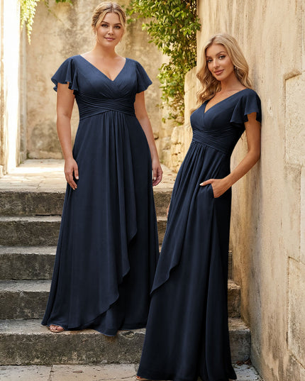 Chiffon V Neck Corset Pleated Bridesmaid Dresses