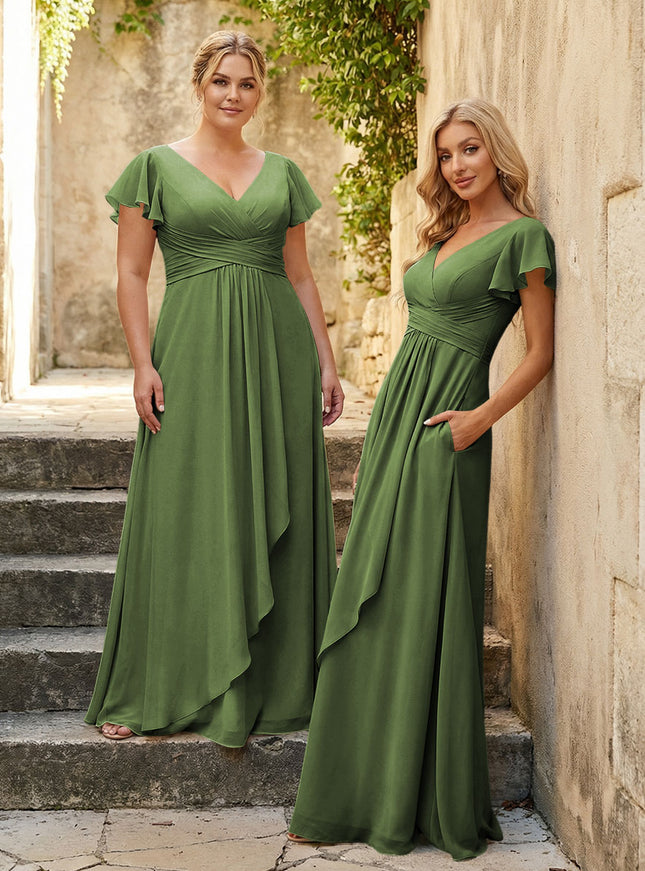 Chiffon V Neck Corset Pleated Bridesmaid Dresses
